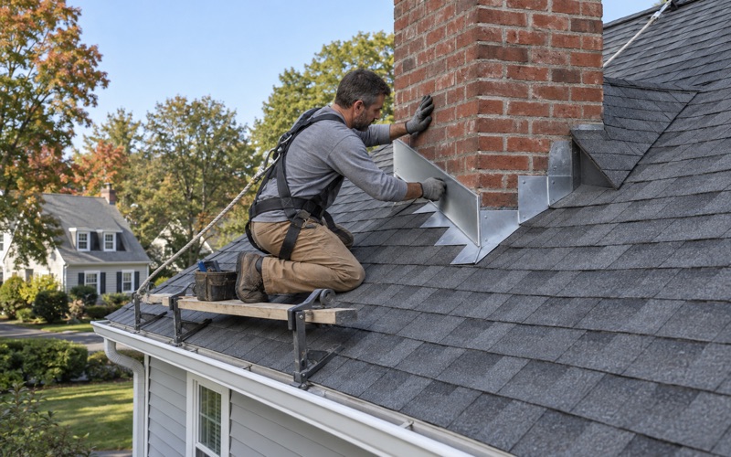 New counter flashing let into a cut mortar joint over step flashing at the brick chimney of a Parsippany cape.