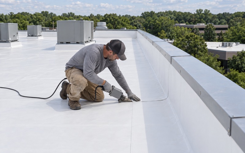 A hot-air welder sealing a TPO membrane seam on the roof of an office building in Parsippany's office corridor.