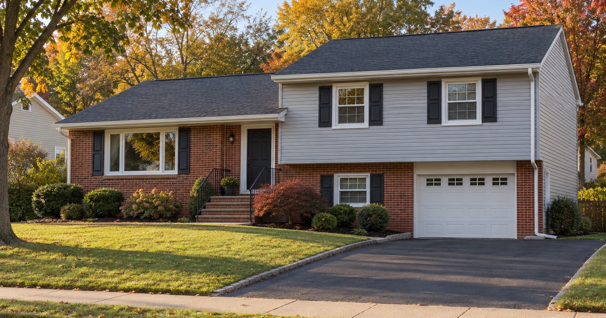 A finished charcoal shingle roof on a Parsippany split-level in late afternoon light, the job cleaned up and the lawn clear.