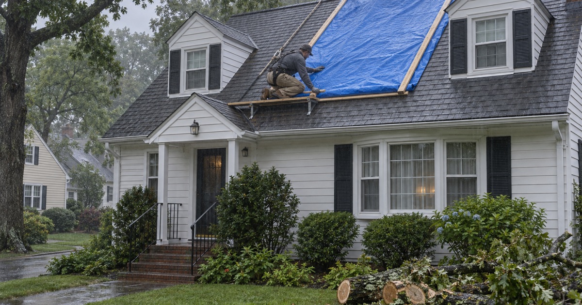 A tarp wrapped round wooden battens over the ridge of a Parsippany cape in wet weather after a limb came down.