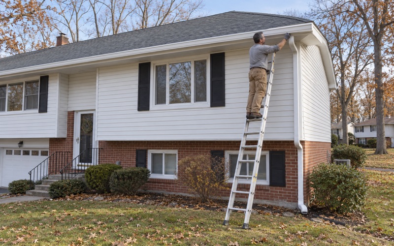 A new seamless gutter guided onto its hidden hangers along the eave of a Parsippany bi-level from a ladder.