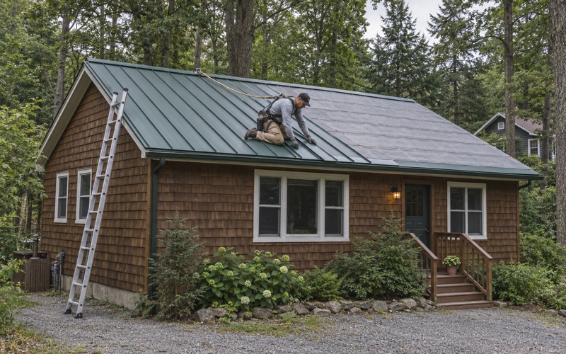 Dark green steel roof panels being seamed on the low-pitch roof of a year-round cottage in Parsippany's Rainbow Lakes section.