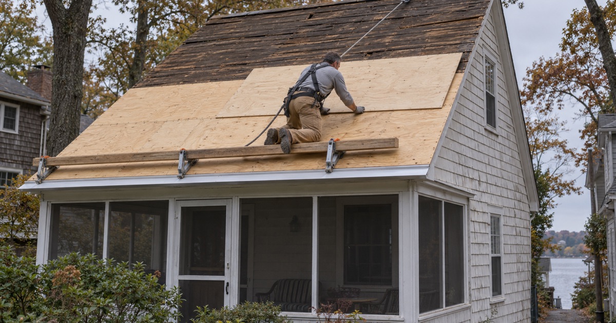 A new plywood deck going on over the rafters of a small year-round lake cottage in Parsippany’s Lake Parsippany section.