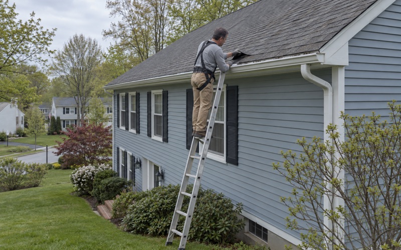 A roof inspection from a ladder at the eave of a Parsippany colonial, curled shingle edges and loose granules in the gutter.