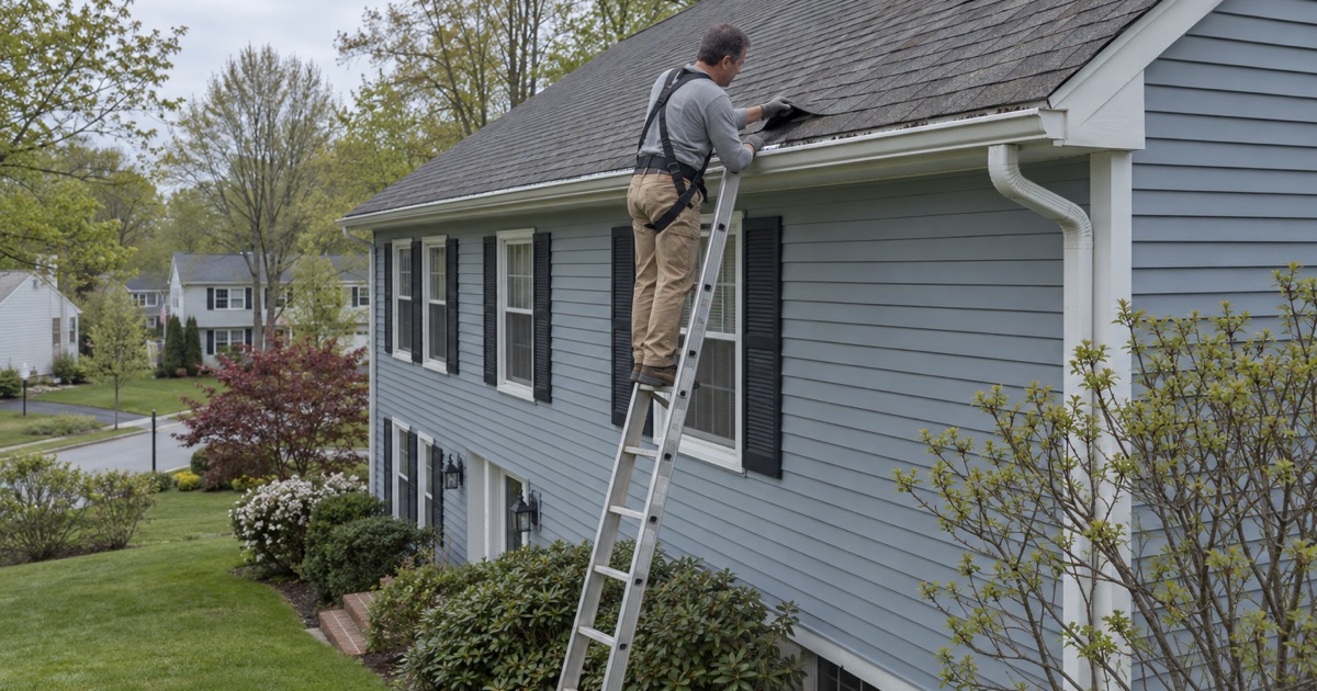 A roof inspection from a ladder at the eave of a Parsippany colonial, curled shingle edges and loose granules in the gutter.