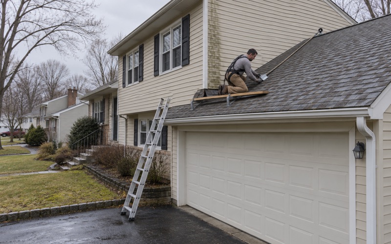 A kickout flashing fitted where a garage roof meets the wall of a Parsippany split-level, the source of a leak down the siding.