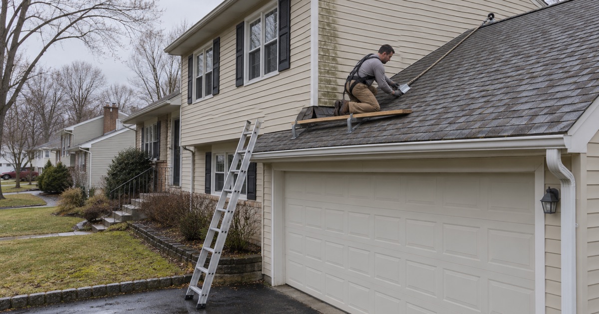 A kickout flashing fitted where a garage roof meets the wall of a Parsippany split-level, the source of a leak down the siding.