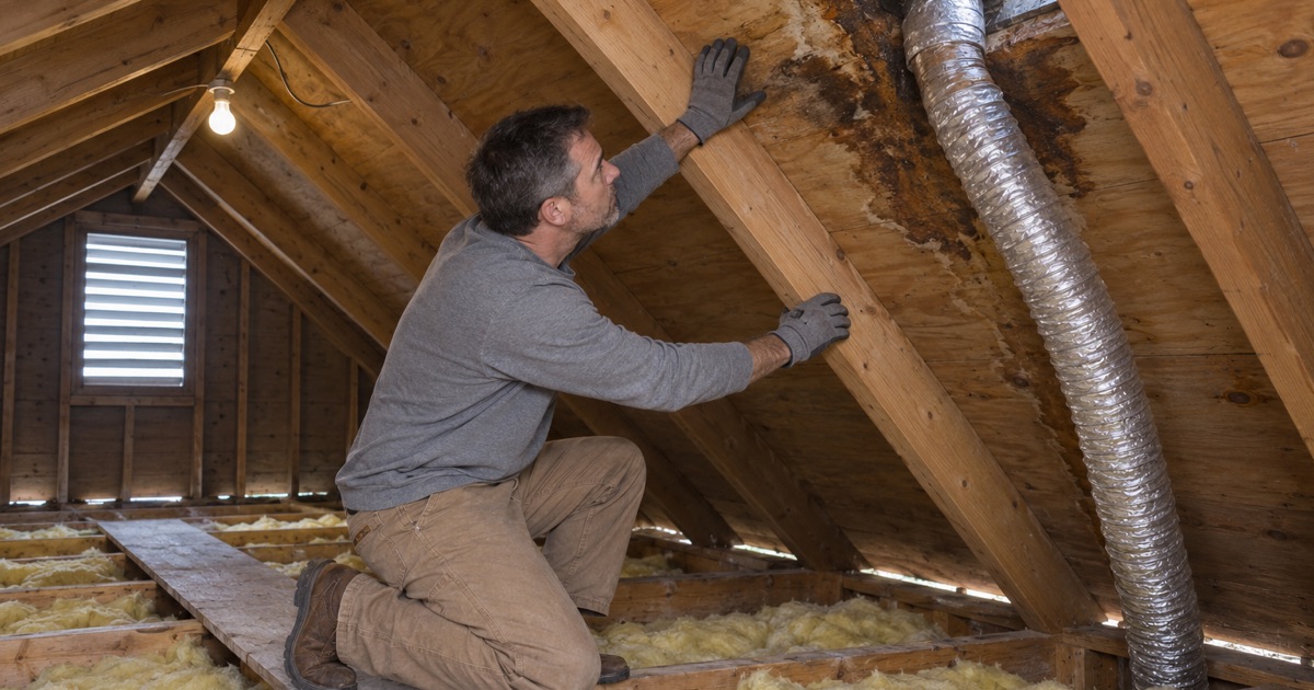 A water stain traced along the plywood roof sheathing beside a bathroom fan duct in the attic of a Parsippany ranch house.