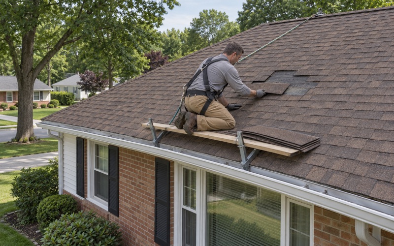 A replacement shingle slid into a gap among weathered shingles on a ranch house in Parsippany's Lake Hiawatha section.