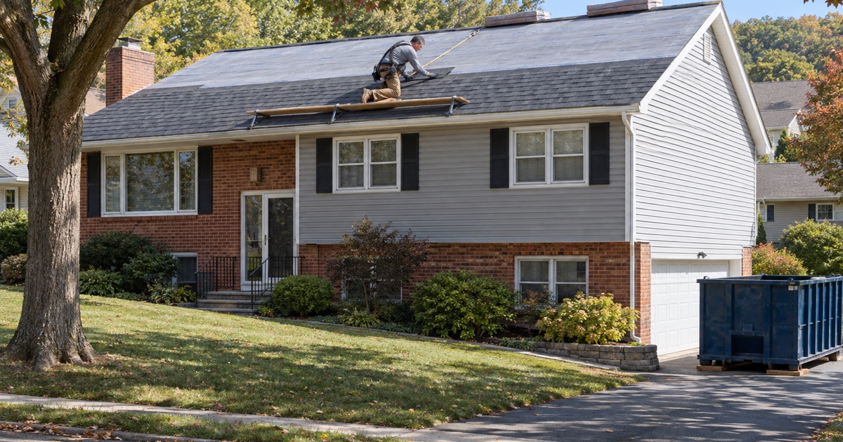 A roofer setting new charcoal shingles on the front slope of a 1960s bi-level house on a curving Parsippany-Troy Hills street.