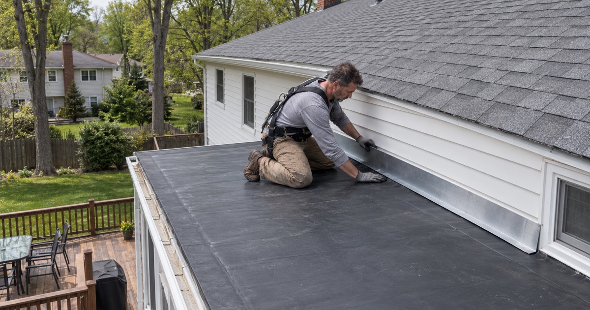 Where a shingle slope meets a flat rubber roof over a rear addition on a Parsippany split-level, two roof types on one house.