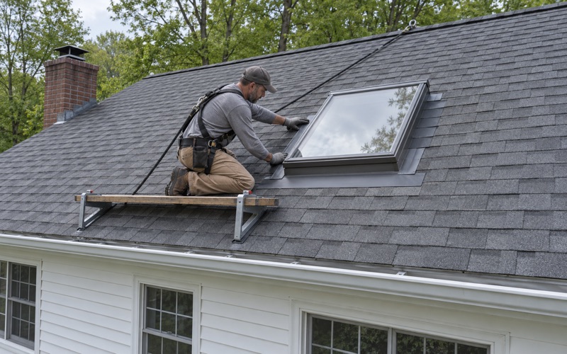 Step flashing woven up the side of a new curb-mounted skylight on the rear slope of a Parsippany colonial.