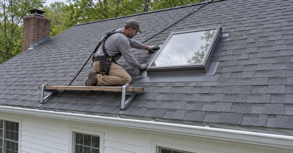 Step flashing woven up the side of a new curb-mounted skylight on the rear slope of a Parsippany colonial.