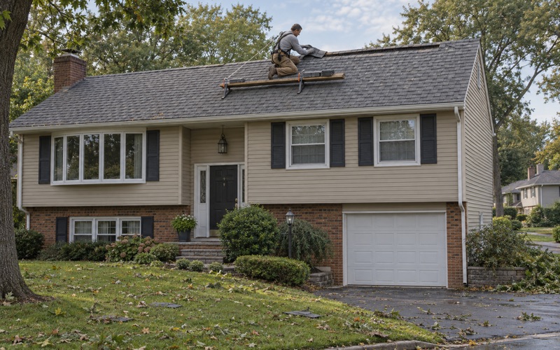 New ridge cap shingles set along the peak of a Parsippany split-level where a windstorm stripped the old caps.