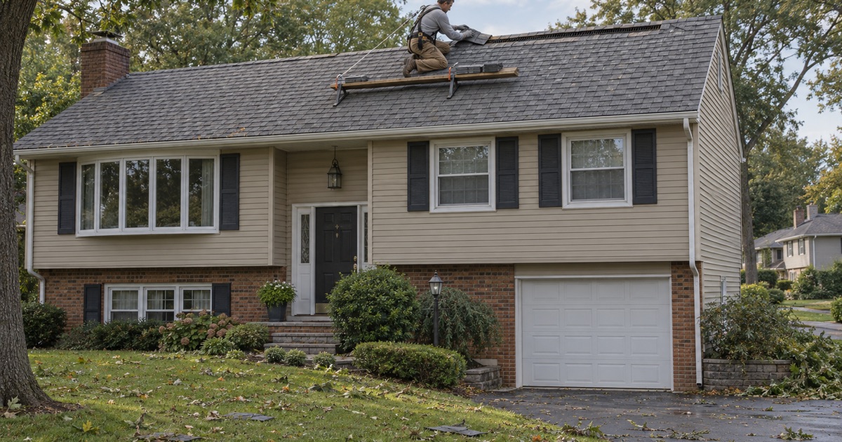 New ridge cap shingles set along the peak of a Parsippany split-level where a windstorm stripped the old caps.