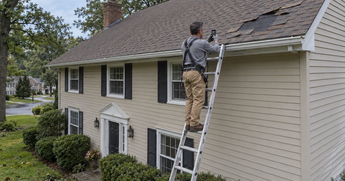 Photographing missing shingles at the eave of a Parsippany colonial the morning after a summer windstorm, from a ladder.